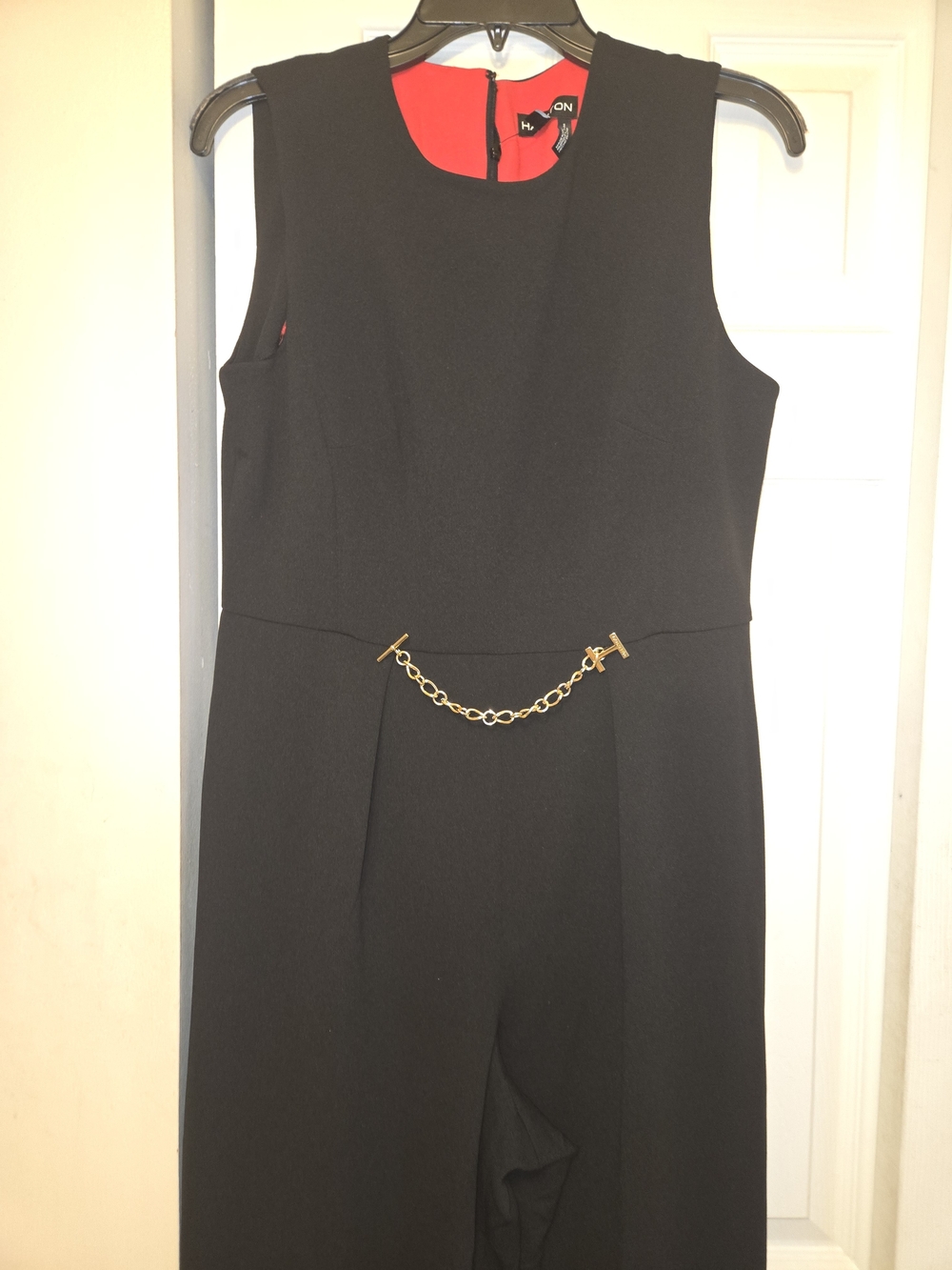 Halston Black Sleeveless Jumpsuit with Gold Chain Accent
